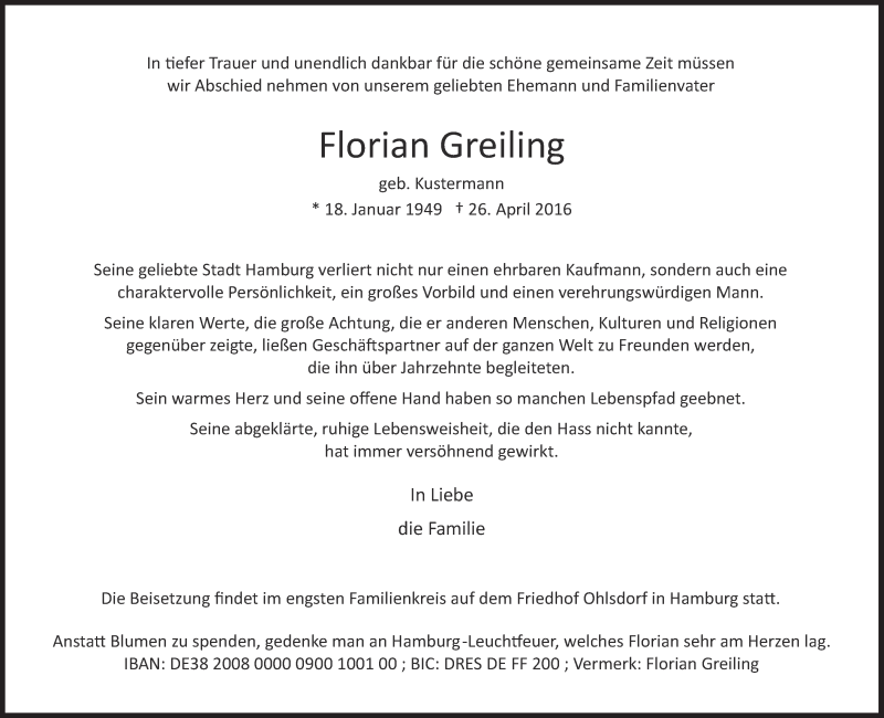  Traueranzeige für Florian Greiling vom 07.05.2016 aus Süddeutsche Zeitung