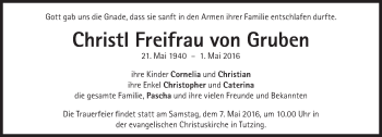 Traueranzeige von Christl  Freifrau von Gruben von Süddeutsche Zeitung