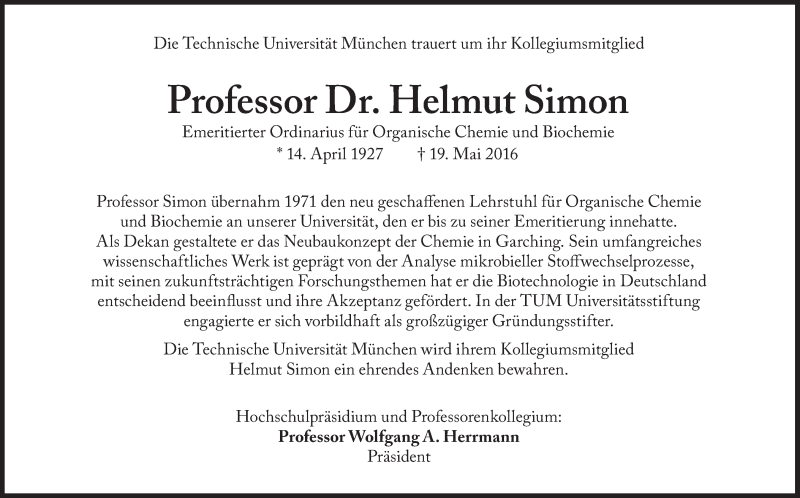  Traueranzeige für Helmut Simon vom 27.05.2016 aus Süddeutsche Zeitung
