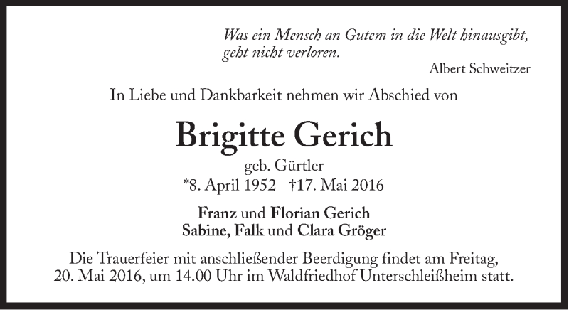 Traueranzeige für Brigitte Gerich vom 19.05.2016 aus Süddeutsche Zeitung
