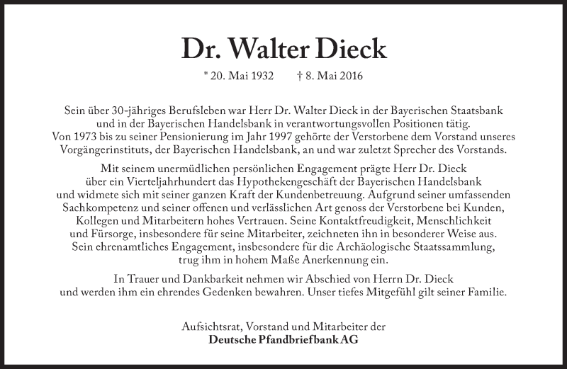  Traueranzeige für Walter Dieck vom 12.05.2016 aus Süddeutsche Zeitung