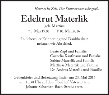 Traueranzeige von Edeltrut Materlik von Süddeutsche Zeitung