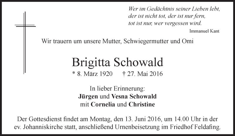  Traueranzeige für Brigitta Schowald vom 09.06.2016 aus Süddeutsche Zeitung