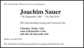 Traueranzeige von Joachim Sauer von Süddeutsche Zeitung