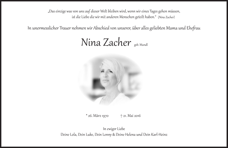  Traueranzeige für Nina Zacher vom 04.06.2016 aus Süddeutsche Zeitung