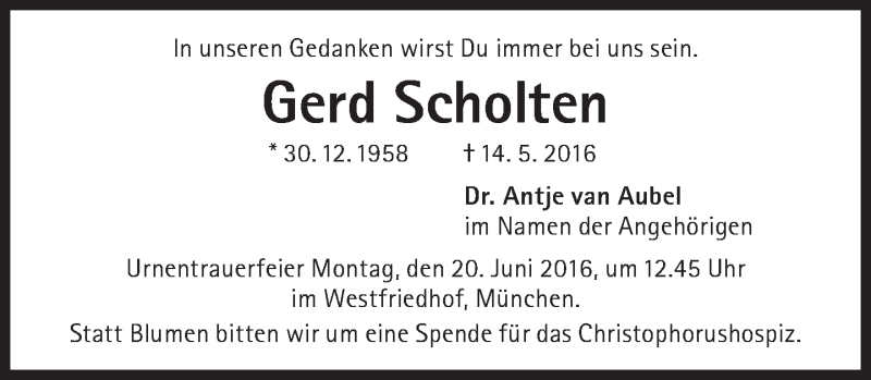  Traueranzeige für Gerd Scholten vom 11.06.2016 aus Süddeutsche Zeitung