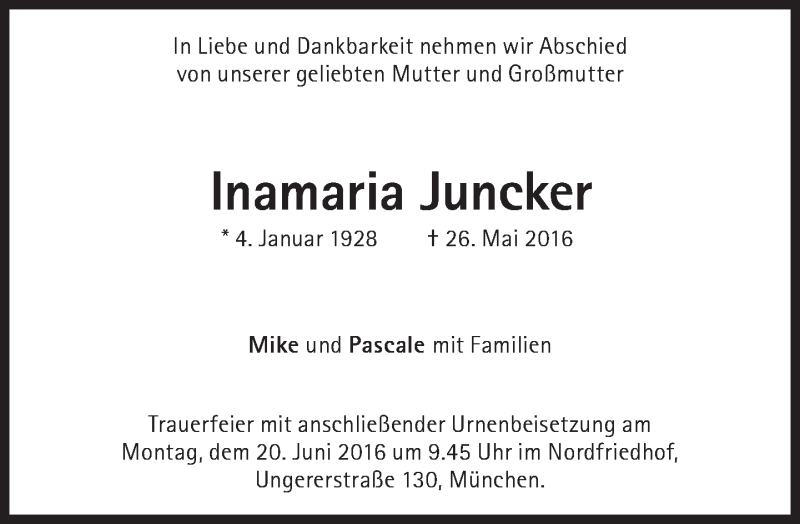  Traueranzeige für Inamaria Juncker vom 04.06.2016 aus Süddeutsche Zeitung