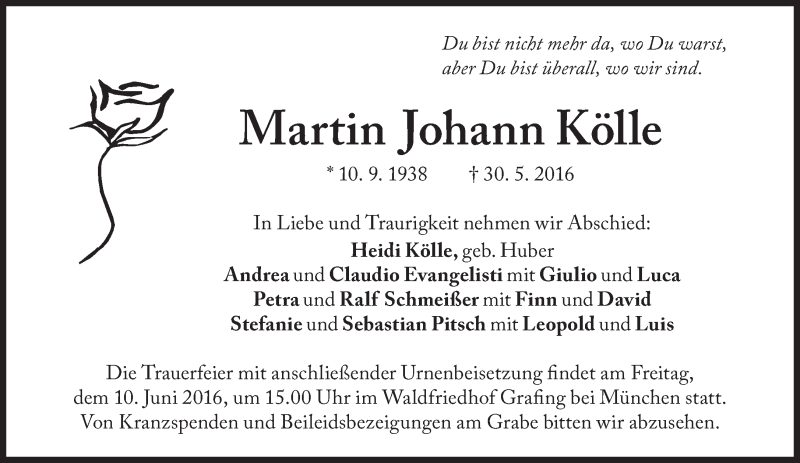  Traueranzeige für Martin Johann Kölle vom 04.06.2016 aus Süddeutsche Zeitung