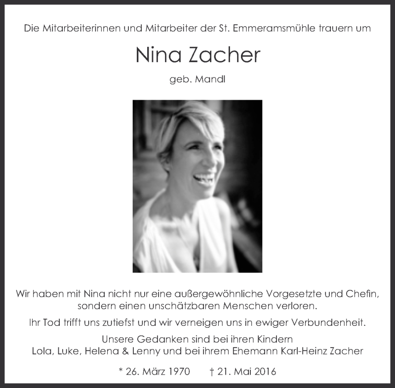  Traueranzeige für Nina Zacher vom 04.06.2016 aus Süddeutsche Zeitung