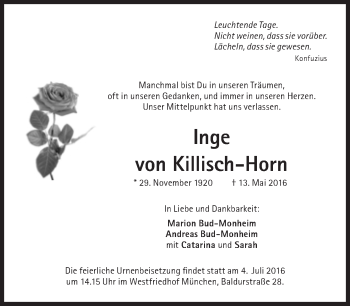 Traueranzeige von Inge  von Killisch-Horn  von Süddeutsche Zeitung