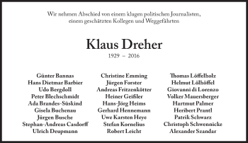 Traueranzeige von Klaus Dreher von Süddeutsche Zeitung