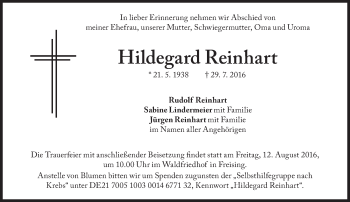 Traueranzeige von Hildegard Reinhart von Süddeutsche Zeitung