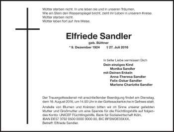 Traueranzeige von Elfriede Sandler von Süddeutsche Zeitung