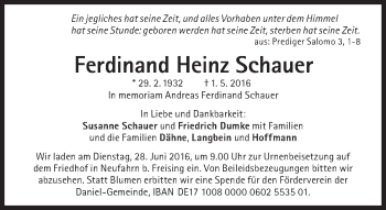 Traueranzeige von Ferdinand Heinz Schauer  von Süddeutsche Zeitung