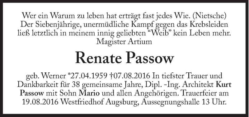  Traueranzeige für Renate Passow vom 13.08.2016 aus Süddeutsche Zeitung