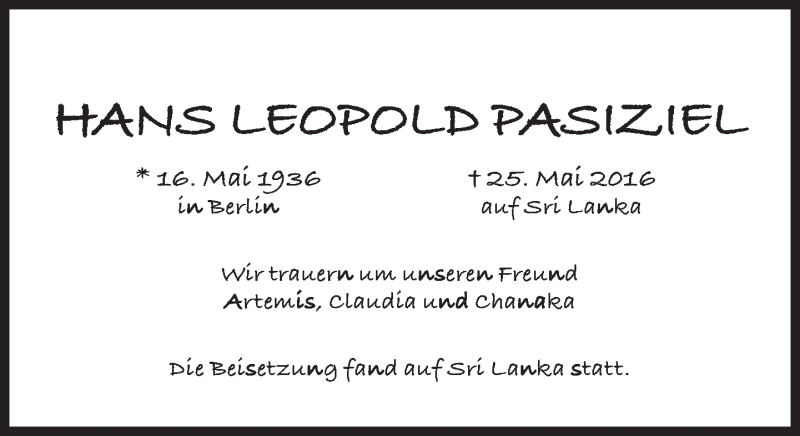  Traueranzeige für Hans Leopold Pasiziel  vom 06.08.2016 aus Süddeutsche Zeitung