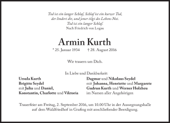 Traueranzeige von Armin Kurth von Süddeutsche Zeitung