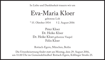 Traueranzeige von Eva-Maria Kloer von Süddeutsche Zeitung