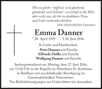 Traueranzeige von Emma Danner von Süddeutsche Zeitung