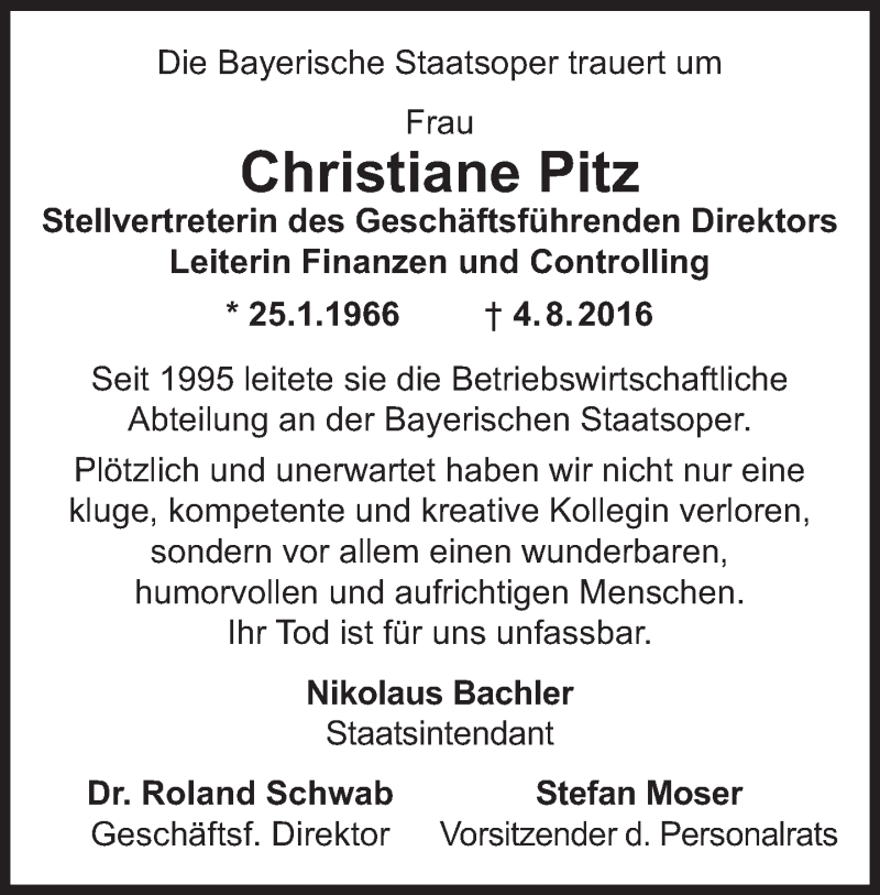  Traueranzeige für Christiane Pitz vom 13.08.2016 aus Süddeutsche Zeitung
