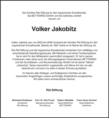 Traueranzeige von Volker Jakobitz von Süddeutsche Zeitung