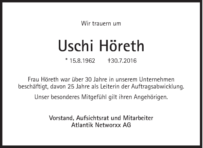  Traueranzeige für Uschi Höreth vom 03.08.2016 aus Süddeutsche Zeitung