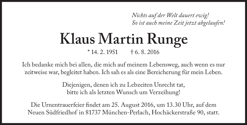  Traueranzeige für Klaus Martin Runge vom 11.08.2016 aus Süddeutsche Zeitung