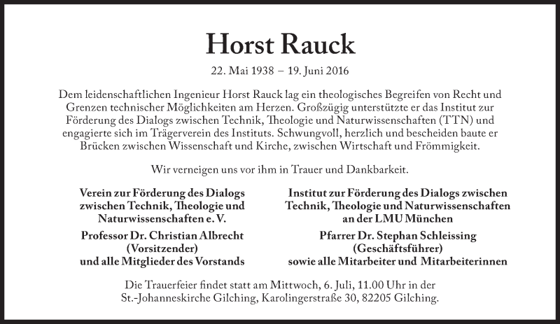  Traueranzeige für Horst Rauck vom 29.06.2016 aus Süddeutsche Zeitung