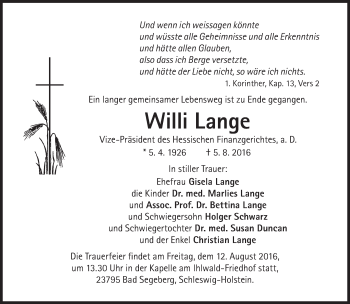 Traueranzeige von Willi Lange von Süddeutsche Zeitung