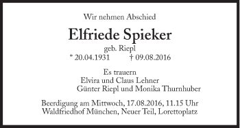 Traueranzeige von Elfriede Spieker von Süddeutsche Zeitung