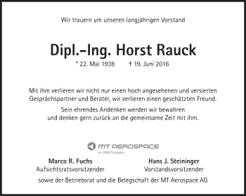 Traueranzeige von Horst Rauck von Süddeutsche Zeitung