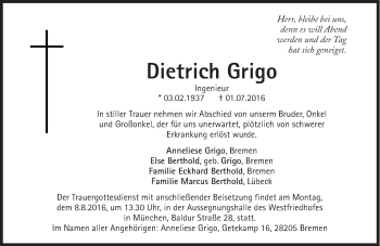 Traueranzeige von Dietrich Grigo von Süddeutsche Zeitung