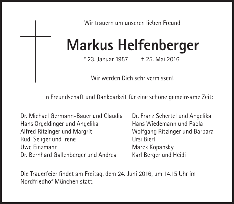  Traueranzeige für Markus Helfenberger vom 18.06.2016 aus Süddeutsche Zeitung