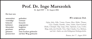 Traueranzeige von Inge Marszolek von Süddeutsche Zeitung