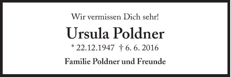  Traueranzeige für Ursula Poldner vom 11.06.2016 aus Süddeutsche Zeitung