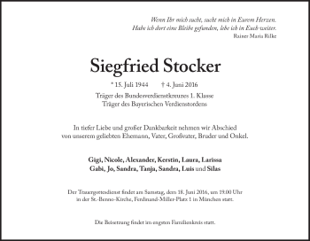 Traueranzeige von Siegfried Stocker von Süddeutsche Zeitung