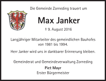 Traueranzeige von Max Janker von Süddeutsche Zeitung