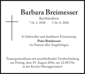 Traueranzeige von Barbara Breimesser von Süddeutsche Zeitung