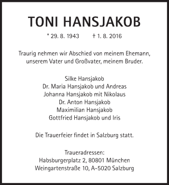 Traueranzeige von Toni Hansjakob von Süddeutsche Zeitung