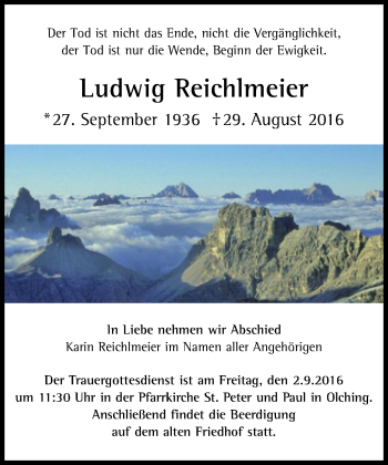 Traueranzeige von Ludwig Reichlmeier von Süddeutsche Zeitung
