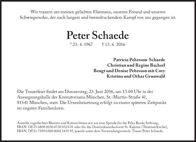  Traueranzeige für Peter Schaede vom 20.06.2016 aus Süddeutsche Zeitung