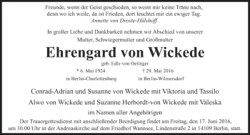 Traueranzeige von Ehrengard von Wickede von Süddeutsche Zeitung