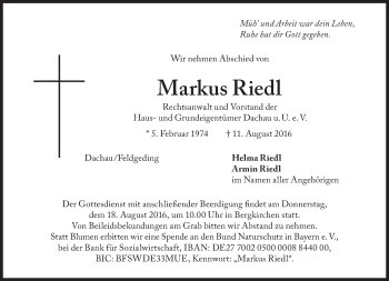 Traueranzeige von Markus Riedl von Süddeutsche Zeitung