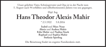 Traueranzeige von Hans Theodor Alexis Mahir von Süddeutsche Zeitung