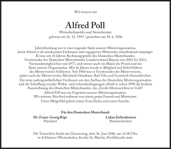Traueranzeige von Alfred Poll von Süddeutsche Zeitung