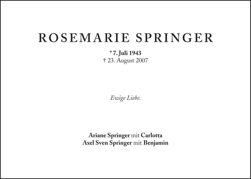  Traueranzeige für Rosemarie Springer vom 07.07.2016 aus Süddeutsche Zeitung