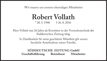Traueranzeige von Robert Vollath von Süddeutsche Zeitung