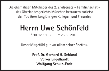 Traueranzeige von Uwe Schönfeld von Süddeutsche Zeitung
