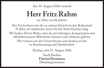 Traueranzeige von Fritz Rahm von Süddeutsche Zeitung