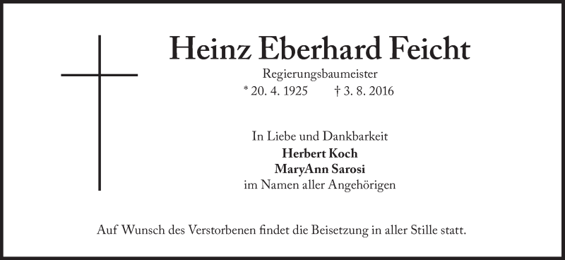  Traueranzeige für Heinz Eberhard Feicht vom 09.08.2016 aus Süddeutsche Zeitung